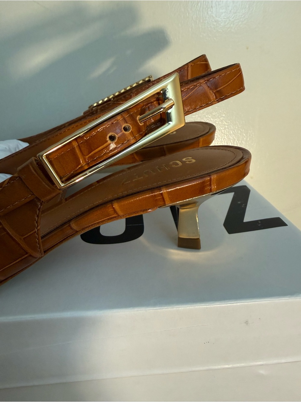 SCHUTZ Tan Croc-Embossed Pointed Slingback Pumps with Gold Buckle - Picture 3 of 4